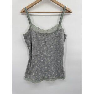 Vintage Y2K Lace Trim Cami Large Ditzy Floral Babydoll Ribbed Retro Cottagecore